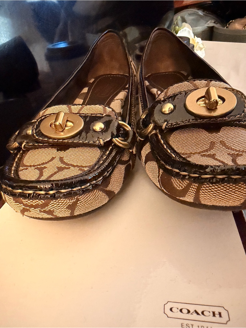 Coach Brown Canvas Signature Turnlock Loafers with Black Trim